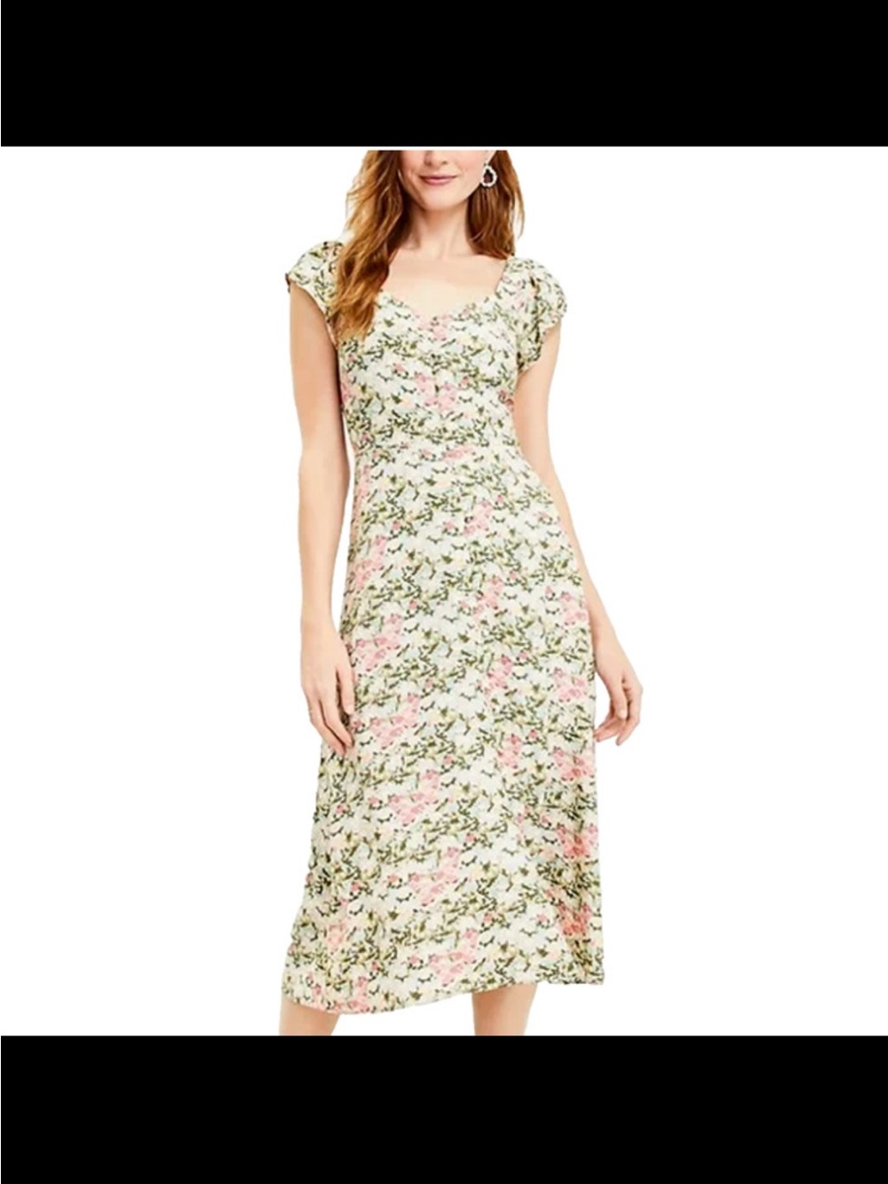 LOFT Floral Print Women’s Deep V-Neck Flutter Sleeve Button Midi Dress